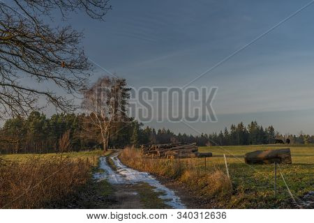 Path With Snow In Color Sunset Evening Near Hradek Village In South Bohemia