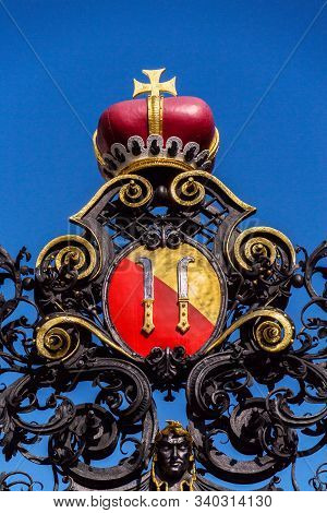 Dietrichstein Coat Of Arms Over The Gate To Chateau Park By The Mikulov Castle In South Moravia, Cze