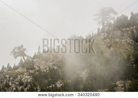 Mountain Peak In Fog In Kroni I Thores, Albania, Europe