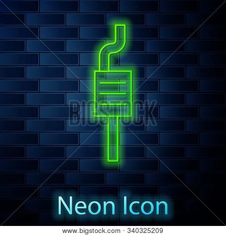 Glowing Neon Line Car Muffler Icon Isolated On Brick Wall Background. Exhaust Pipe. Vector Illustrat