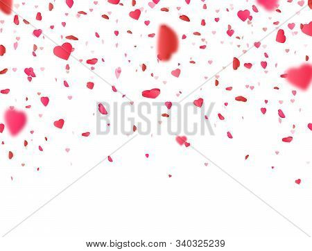 Valentines Day Background With 3d Pink Heart Falling On White Background. Heart Confetti Border. Flo