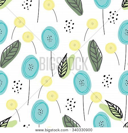 Vector Pattern With Blue And Yellow Doodle Flowers