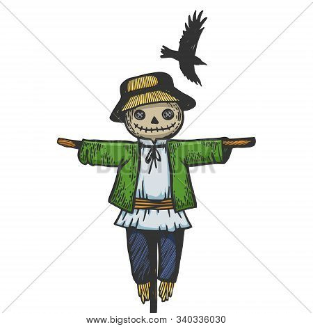 Farm Rural Scarecrow With Flying Crow Bird Sketch Engraving Vector Illustration. T-shirt Apparel Pri