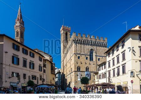 Florence, Italy - June 5, 2019 : The Bargello, also known as the Palazzo del Bargello, Museo Nazionale del Bargello, or Palazzo del Popolo (Palace of the People), is a former barracks and prison, now an art museum, in Florence, Italy.
