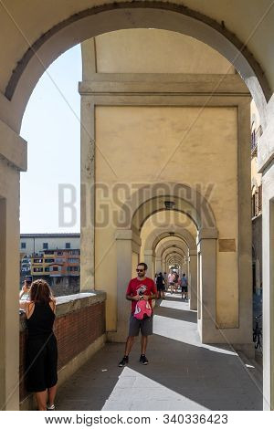 Florence, Italy - June 5, 2019 : The Vasari Corridoris an elevated enclosed passageway which connects the Palazzo Vecchio with the Palazzo Pitti.