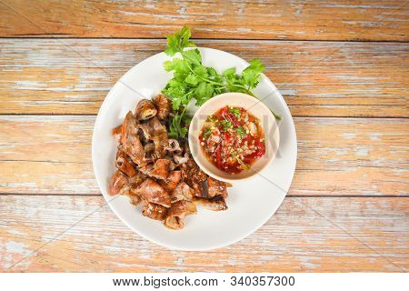 Roasted Pork Chitterlings With Chilli Sauce Spicy / Entrails Intestines Part Of Pork Asian Thai Food