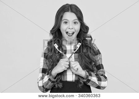 Be Happy And Healthy. Happy Girl Hold Brushes On Yellow Background. Little Child Happy Smiling With 