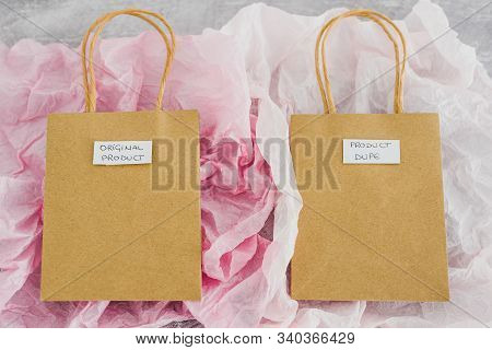 Original Product Vs Dupe Imitation, Shopping Bags With Labels Side By Side With Similar Paper Color