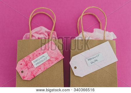 Original Product Vs Dupe Imitation, Shopping Bags With Simila Price Tags Side By Side Symbol Of Chea