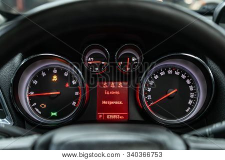 Novosibirsk, Russia - December 06, 2019:  Opel Mokka, Close Up Instrument Automobile Panel With Odom