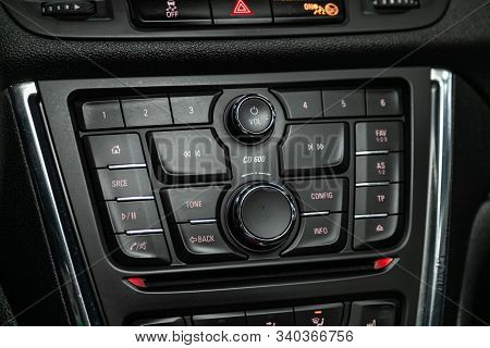 Novosibirsk, Russia - December 06, 2019:  Opel Mokka,  Audio Stereo System, Control Panel And Cd In 