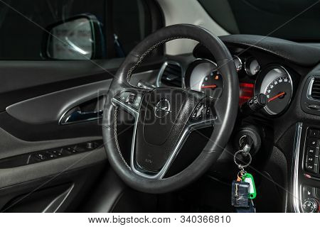 Novosibirsk, Russia - December 06, 2019:  Opel Mokka, New Car Interior - Dashboard, Player, Steering