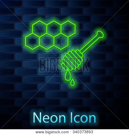 Glowing Neon Line Honeycomb With Honey Dipper Stickicon Isolated On Brick Wall Background. Honey Lad