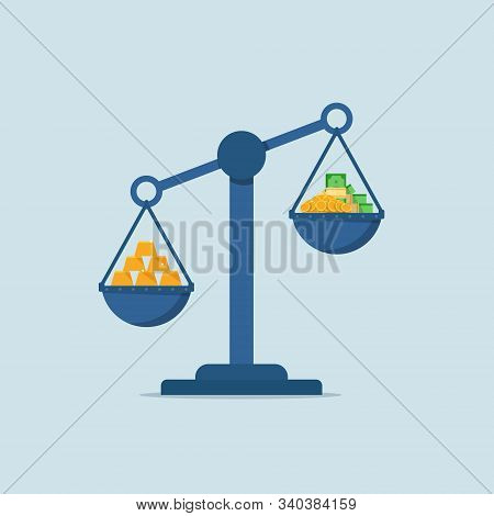 Money And Gold Bars On Golden Scales Isolated,flat Design Icon Vector Illustration