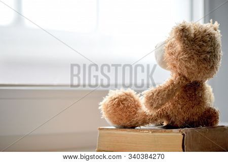 A Toy Bear Looks Out The Window On A Winter Day. The Concept Of Friendship, Loneliness And Expectati