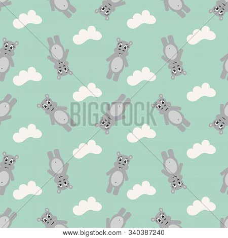 Seamless Pattern With Cartoon Hippo.children Print, Textile Design.