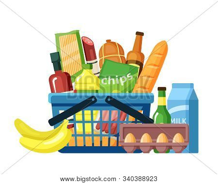 Grocery Basket With Food Assortment Flat Vector Illustration