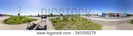 Wuerzburg, Germany - May 17, 2017: Trucks Park At A Parking Lot Along The Highway Near Wuerzburg. Th