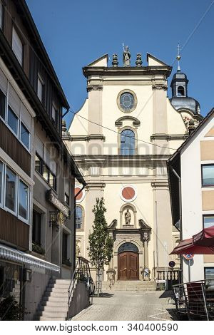 Neckarsulm, Germany - Aug 28, 2017: Facade Of Old Church. The Catholic Church  St. Dionysius Is A Ma