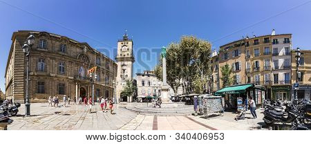 Aix En Provence, France - Aug 13, 2017: People Visit The Central Market Place With The Famous Hotel 