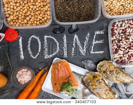 Assortment Of Healthy Food Containing Iodine. Natural Products Rich In I, Vitamins, Micronutrients. 