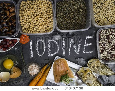 Assortment Of Healthy Food Containing Iodine. Natural Products Rich In I, Vitamins, Micronutrients. 