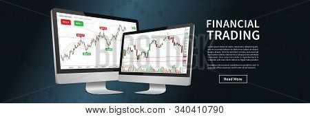 Desktops With Forex Trade Chart Vector Banner. Financial Graph For Online Trading Creative Concept. 
