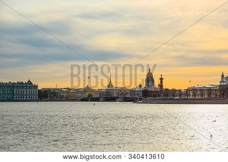 Rostral Columns On The Spit Of Vasilievsky Island. Saint Petersburg. Russia.