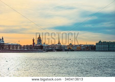 Rostral Columns On The Spit Of Vasilievsky Island. Saint Petersburg. Russia.