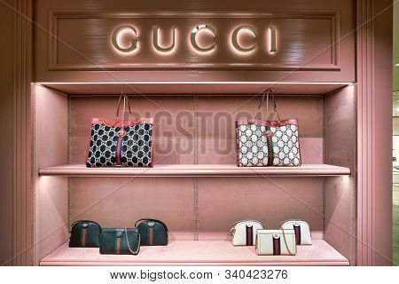 BERLIN, GERMANY - CIRCA SEPTEMBER, 2019: Gucci bags on display at the Kaufhaus des Westens (KaDeWe) department store in Berlin.