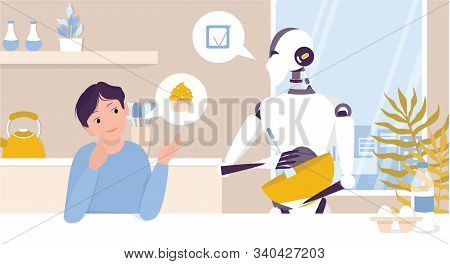 Domestic Robot Cooking On Kitchen For A Child. Personal Robot For People
