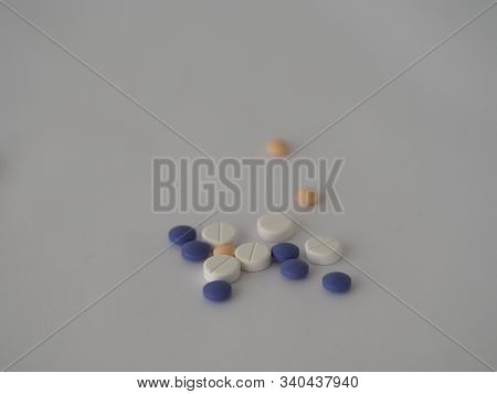Tablets Pills Drugs Many Color On White Paper Background