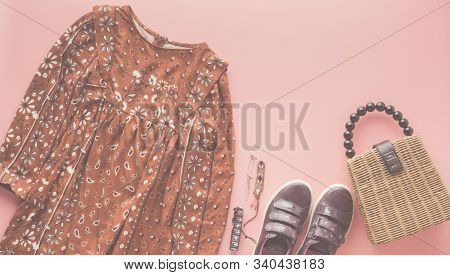 Girls Fashion Background, Brown Dress, Trendy Straw Bag And Bracelets On Pastel Pink, Flat Lay, Top 