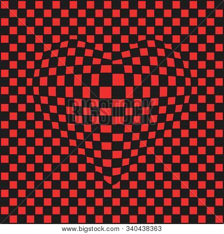 Checkered Background Convex Heart Illusion, Vector 3d Convex Heart On Checkered Surface