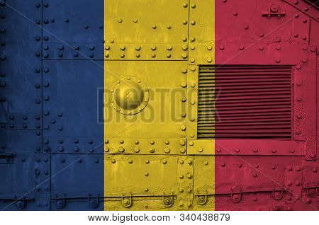 Chad Flag Depicted On Side Part Of Military Armored Tank Closeup. Army Forces Conceptual Background