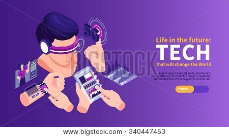 Isometric Technologies Future Horizontal Banner With Slider Button Text And Images Of Wearable Elect