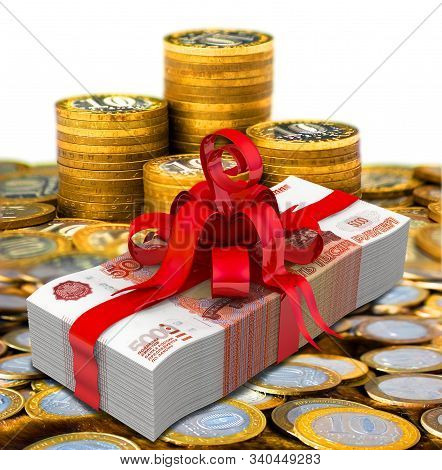 Russian Money As A Gift. A Pack Of 5000 Russian Rubles, Tied With A Red Ribbon With A Bow On The Bac