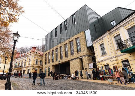 Kyiv, Ukraine - Nov 16, 2019: Famous Historical Streets Of Kyiv Andreevsky Descent. Kiev Drama Theat