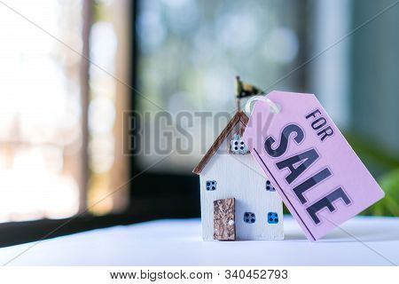 Home For Sale And Real Estate Mortgage Concept: Diy Little House Model With Tag Paper 