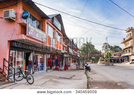 Sauraha, Nepal - November 09, 2019: Shops And Restaurants In Main Street Sauraha, Nepal