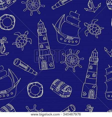 Seamless Pattern With White Outline Against On Phantom Blue: Nautical Theme Ship Steering Wheel, A T