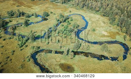 Aerial View Of A Green Fores And River. Texture And Beatiful Background.