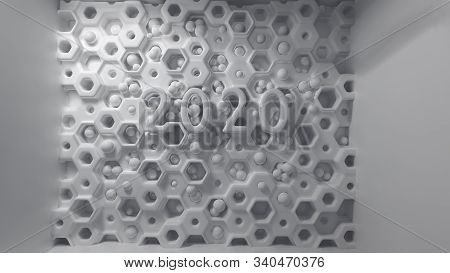 Happy New Year Banner With 2020 Numbers Lettering Made By Whight Plastic On Hexagonal Honeycomb Mode