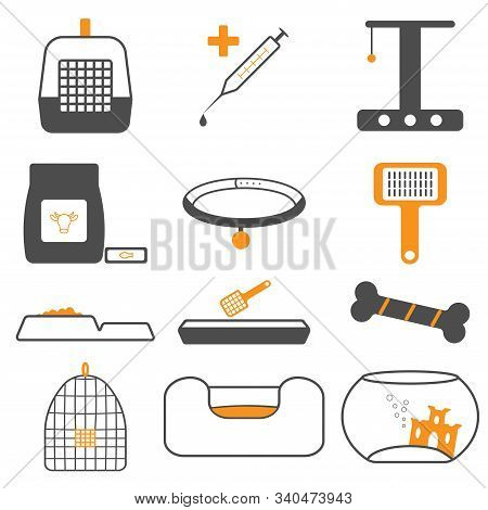 Vector Pet Products Icons For Animals: Carry, Syringe, Scraper, Dry Food And Canned Food, Collar, Po