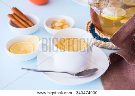 Healthy Herbal Tea With Ginger, Lemon And Cinnamon.