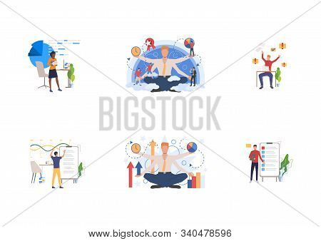 Employee Efficiency Set. Managers Solving Tasks And Challenges At Workplaces. Flat Vector Illustrati
