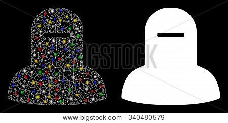 Glowing Mesh Muslim Hijab Icon With Glare Effect. Abstract Illuminated Model Of Muslim Hijab. Shiny 
