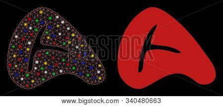 Glossy Mesh Meat Steak Icon With Sparkle Effect. Abstract Illuminated Model Of Meat Steak. Shiny Wir