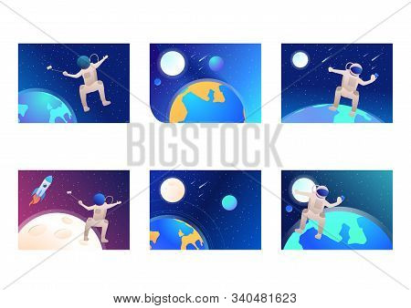 Open Space Set. Astronaut In Space Suit Taking Selfie On Phone, Planets, Earth. Flat Vector Illustra