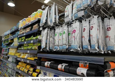 Scotch Brite Sponges And Other Brands Cleaning Cloth, Scrubs Displayed For Sale. Microfiber Cleaning